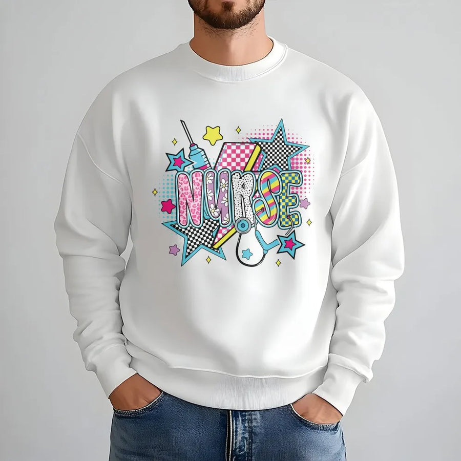 Nurse Sweatshirt | Retro Checkered Preppy Graphic | Premium Cotton Blend | Funny Gift For Nurses And Nursing Students