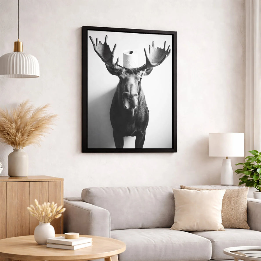 Funny Moose Wall Art | Black and White Bathroom Decor | Premium 1.25 Inch Gallery Canvas | Whimsical Animal Print for Home or Office Gift