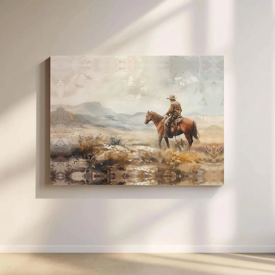 Lone Cowboy Canvas Wall Art | Abstract Western Landscape Painting | Gallery-Wrapped Premium Print | Rustic Decor for Home Office