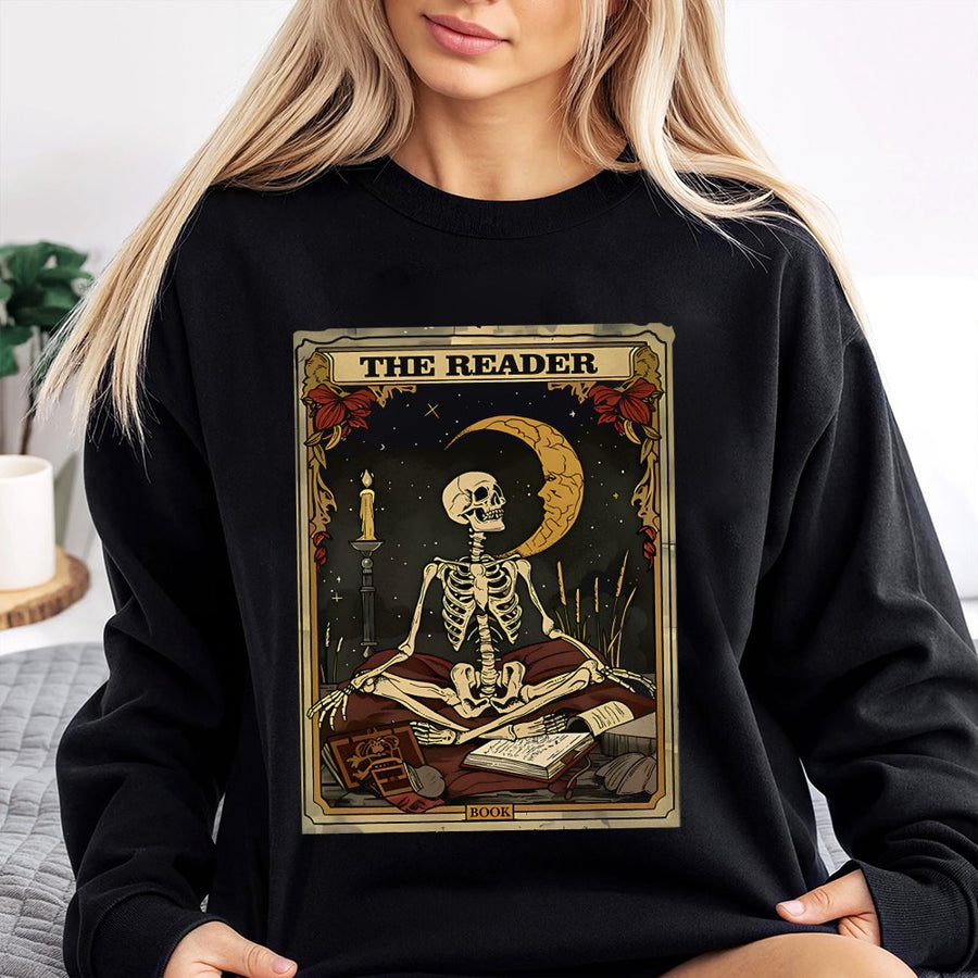 Skeleton Tarot Card Sweatshirt | The Reader Gothic Moon Aesthetic | Soft Cotton Blend Crewneck | Witchy Occult Gift For Book Lovers