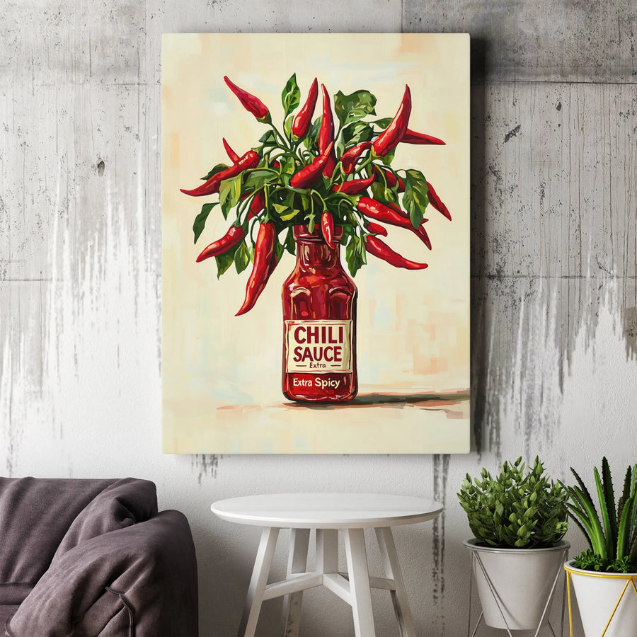 Chili Sauce Bottle Wall Art | Red Pepper Floral Bouquet Print | Gallery-Quality 1.25 Inch Thick Canvas | Kitchen Decor Gift for Foodies
