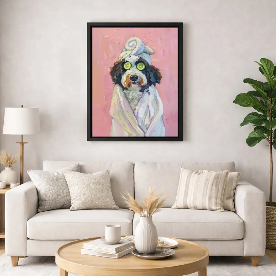 Dog Spa Day Wall Art | Funny Puppy in Towel with Cucumber Slices | Premium Gallery Wrapped Canvas | Whimsical Bathroom Decor Gift for Dog Lovers