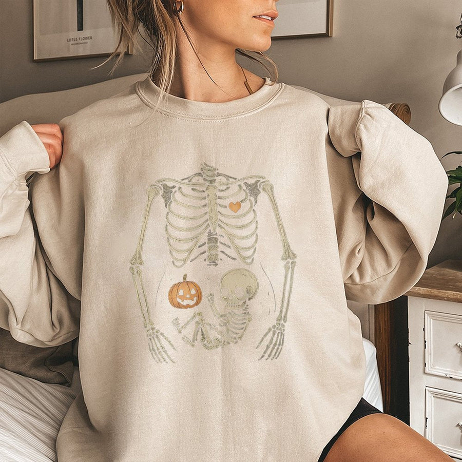 Skeleton Halloween Maternity Sweatshirt | Pumpkin Baby Bump Graphic | Cotton-Poly Blend | Spooky Pregnancy Announcement Gift for Expecting Mom