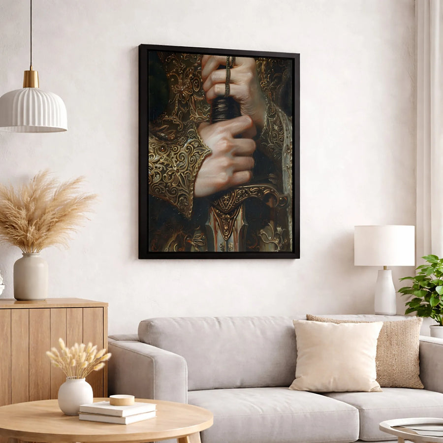 Knight Sword Wall Art | Ornate Golden Armor Illustration | Premium Gallery Wrapped Canvas | Medieval Fantasy Home Decor Gift