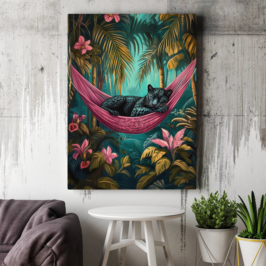 Black Panther Canvas Wall Art | Tropical Jungle Sleeping Leopard | Premium Gallery Wrap Print | Modern Botanical Home Decor Gift