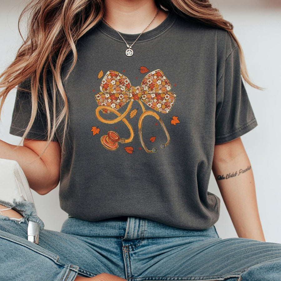 Nurse Stethoscope T-Shirt | Floral Bow Fall Design | 100% Cotton Premium Tee | Gift for Doctors, Nursing Students & Medical Staff
