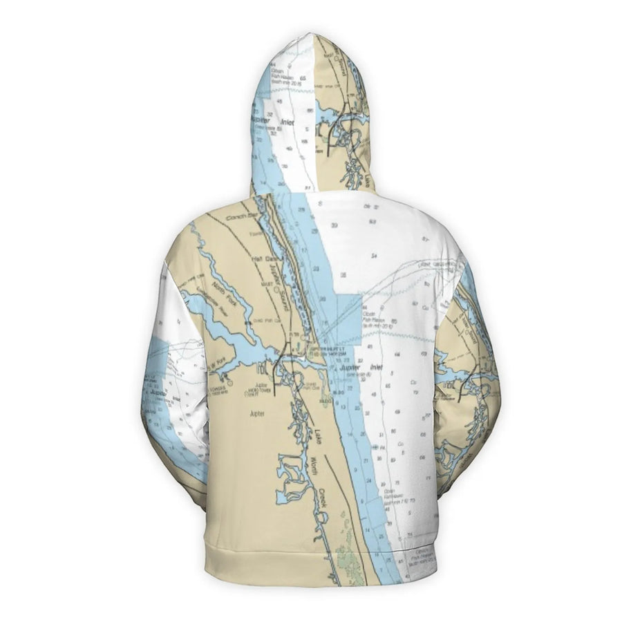 Jupiter Inlet Nautical Chart 3D Hoodie | Florida Map Print All-Over Design | Premium Polyester Knit | Boating & Sailing Gift for Men Women