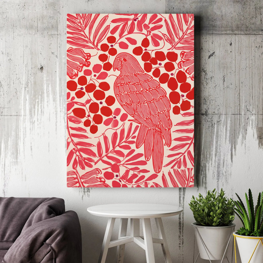 Red Parrot Canvas Wall Art | Modern Botanical Bird Illustration | Premium Thick Gallery Canvas | Boho Living Room Decor Gift