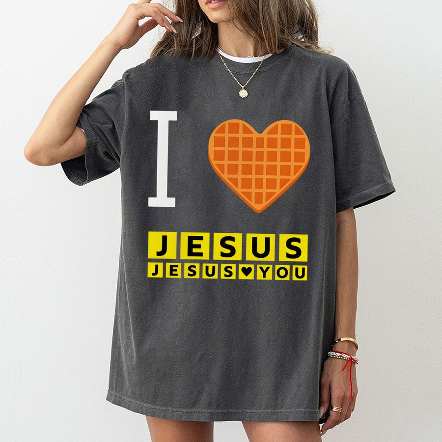 I Heart Jesus Waffle T-Shirt | Funny Christian Breakfast Graphic | 100% Cotton Premium Comfort Tee | Religious Faith Gift For Men Women