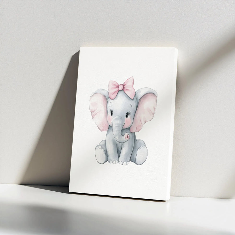Baby Girl Elephant Canvas Art | Watercolor Nursery Wall Decor with Pink Bow | Premium Stretched Gallery Wrap | Cute Animal Gift for Baby Shower