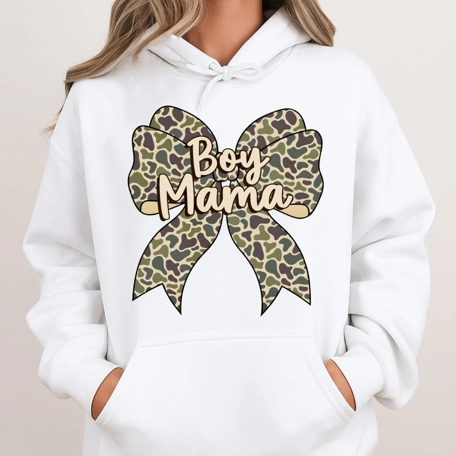 Boy Mama Hoodie | Camo Coquette Bow Graphic | Premium Cotton Blend | Gift for Boy Mom New Mom Birthday Apparel