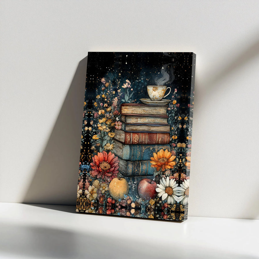 Floral Bookshelf Wall Art | Dark Academia Moody Botanical Print | Premium Canvas | Gift for Book Lover Reading Nook Decor