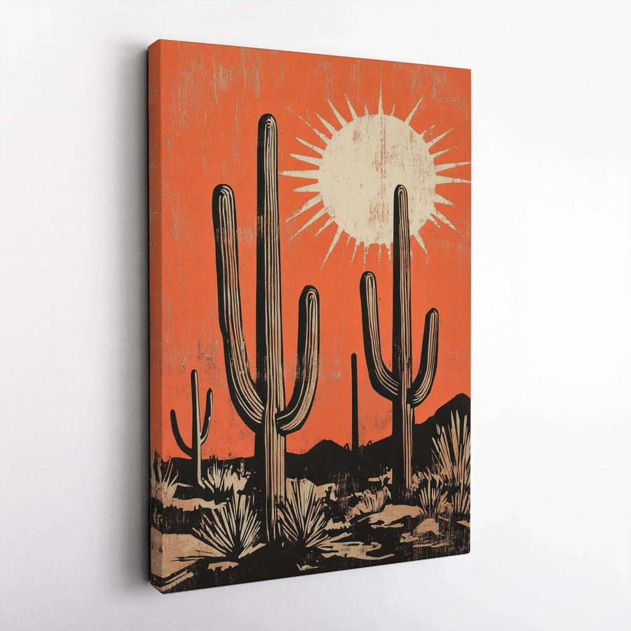 Saguaro Cactus Desert Canvas Wall Art | Mid Century Modern Sun Landscape | Premium Gallery Wrap Decor | Southwestern Home Office Gift