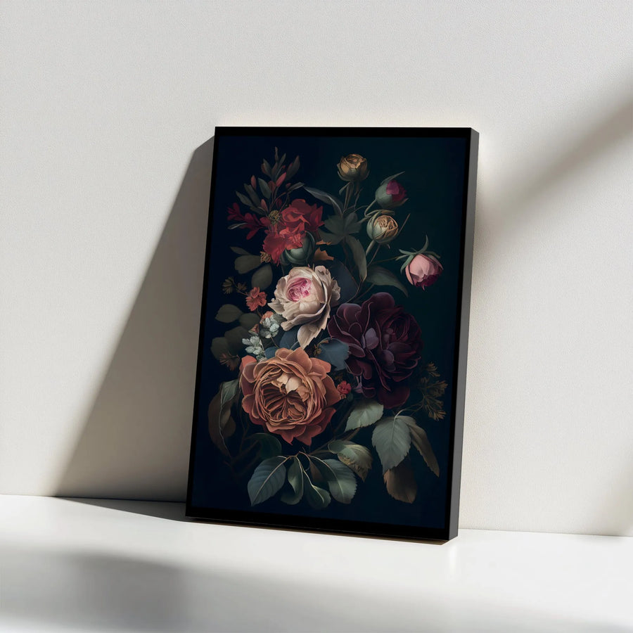 Dark Floral Canvas Wall Art | Moody Botanical Rose Bouquet | Premium Gallery Wrapped Canvas | Vintage Home Decor Gift