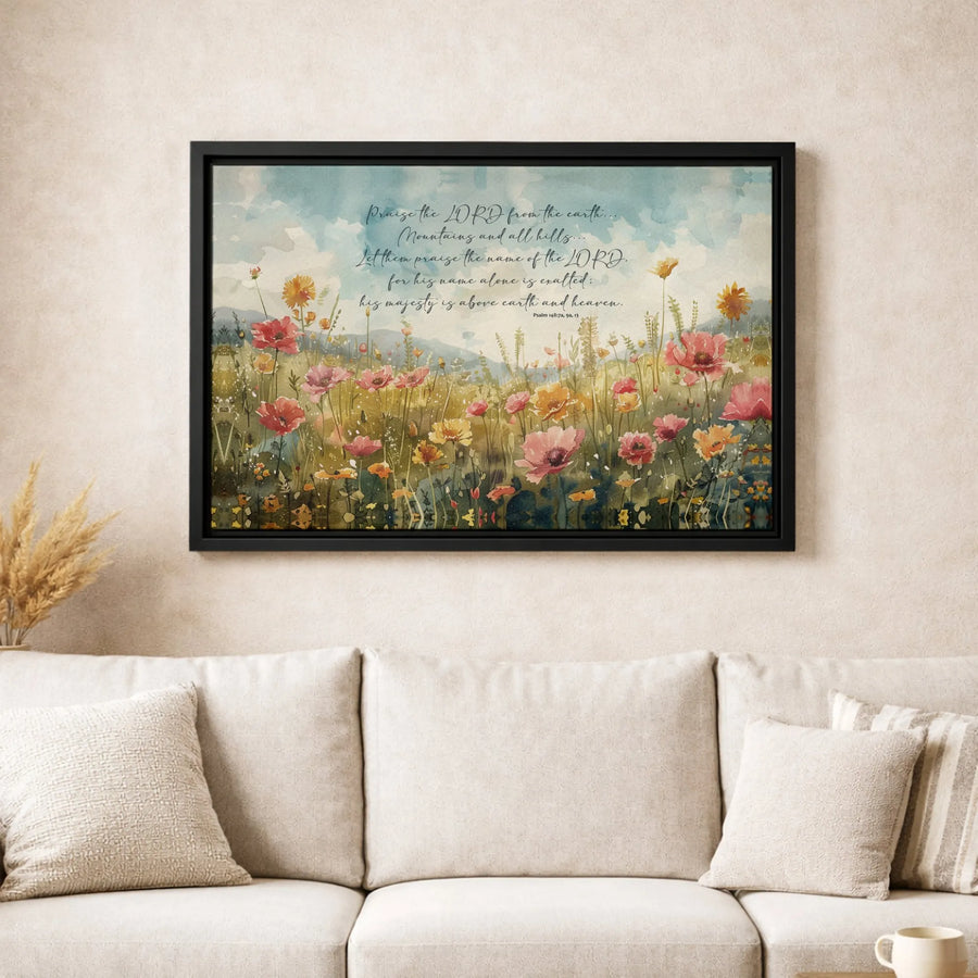 Psalm 148 Scripture Wall Art | Watercolor Wildflower Meadow Landscape | Premium Gallery-Wrapped Canvas | Religious Christian Home Decor Gift