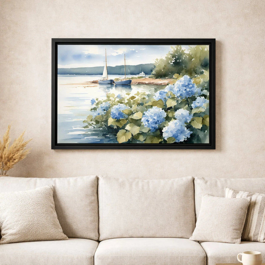 Watercolor Sailboat Wall Art | Coastal Blue Hydrangea Lakeside Landscape | Premium Gallery Wrapped Canvas | Serene Nautical Home Decor Gift