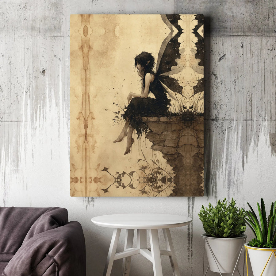 Gothic Fairy Wall Art | Dark Fantasy Winged Muse on Cliff | Vintage Aesthetic Gallery Canvas | Moody Home Decor Gift for Her