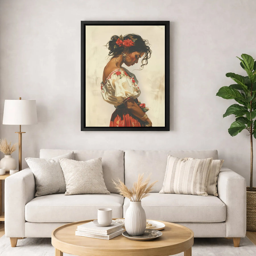 Bohemian Woman Portrait Canvas Art | Romantic Floral Red Rose Design | Premium Fade-Resistant Print | Elegant Home Decor Wall Hanging
