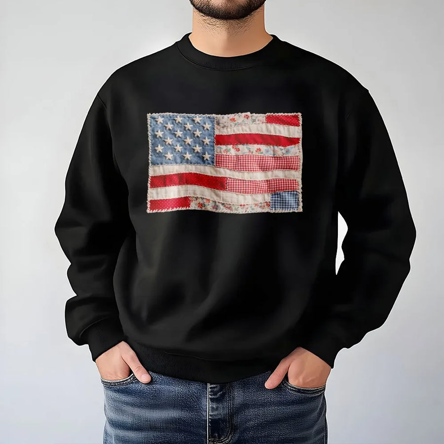 American Flag Sweatshirt | Vintage Quilt Style Patchwork Print | Soft Unisex Crewneck | Patriotic Fourth of July Gift