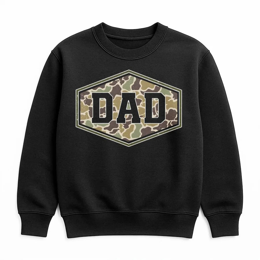 Duck Camo Dad Shirt | Retro Varsity Graphic Tee with Distressed Camouflage | Premium Cotton | Father's Day Gift for Hunter Dad