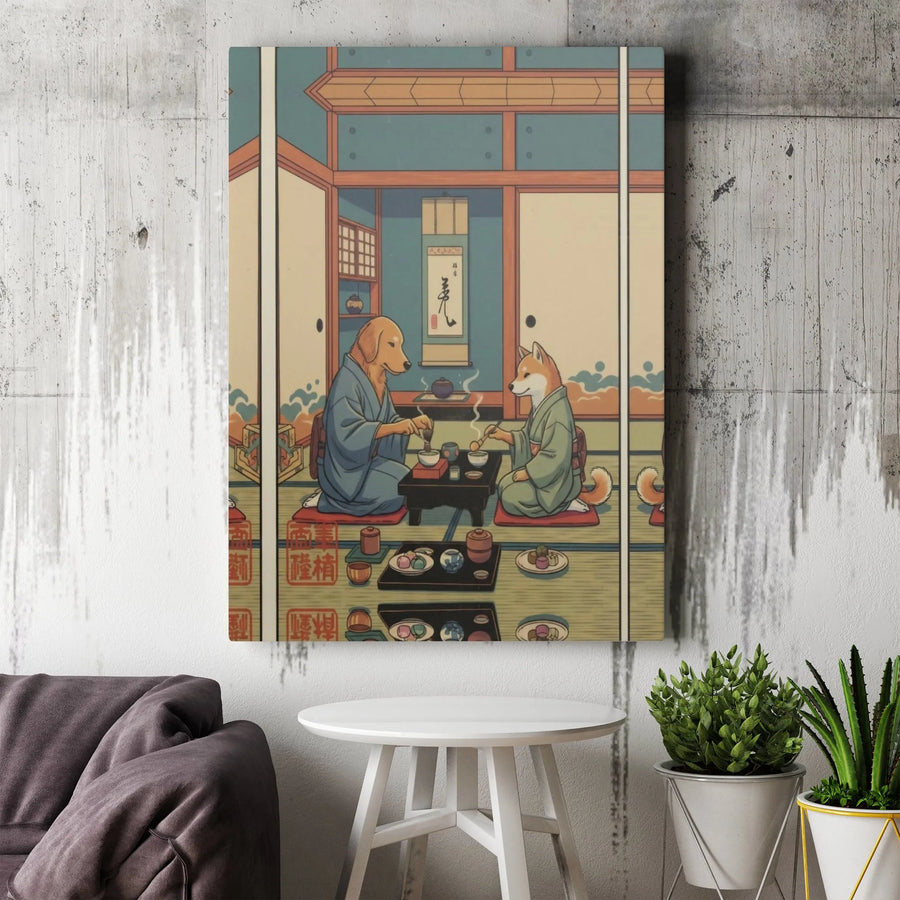 Dog Tea Ceremony Canvas Wall Art | Japanese Ukiyo-E Golden Retriever Shiba Inu Print | Premium Gallery Wrap Decor | Unique Gift for Dog Lovers