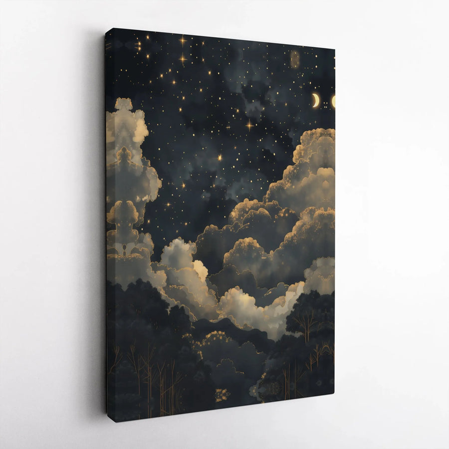 Celestial Night Sky Canvas | Gold Clouds And Starry Landscape | Gallery-Quality Fade-Resistant Print | Mystical Home Decor Wall Art