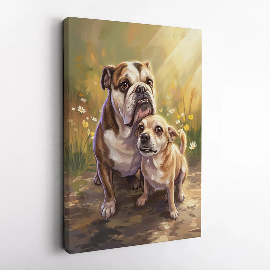 Bulldog and Chihuahua Canvas Wall Art | Unlikely Friends Dog Portrait | Premium Gallery Wrap Canvas | Gift for Pet Owner & Vet Office Decor