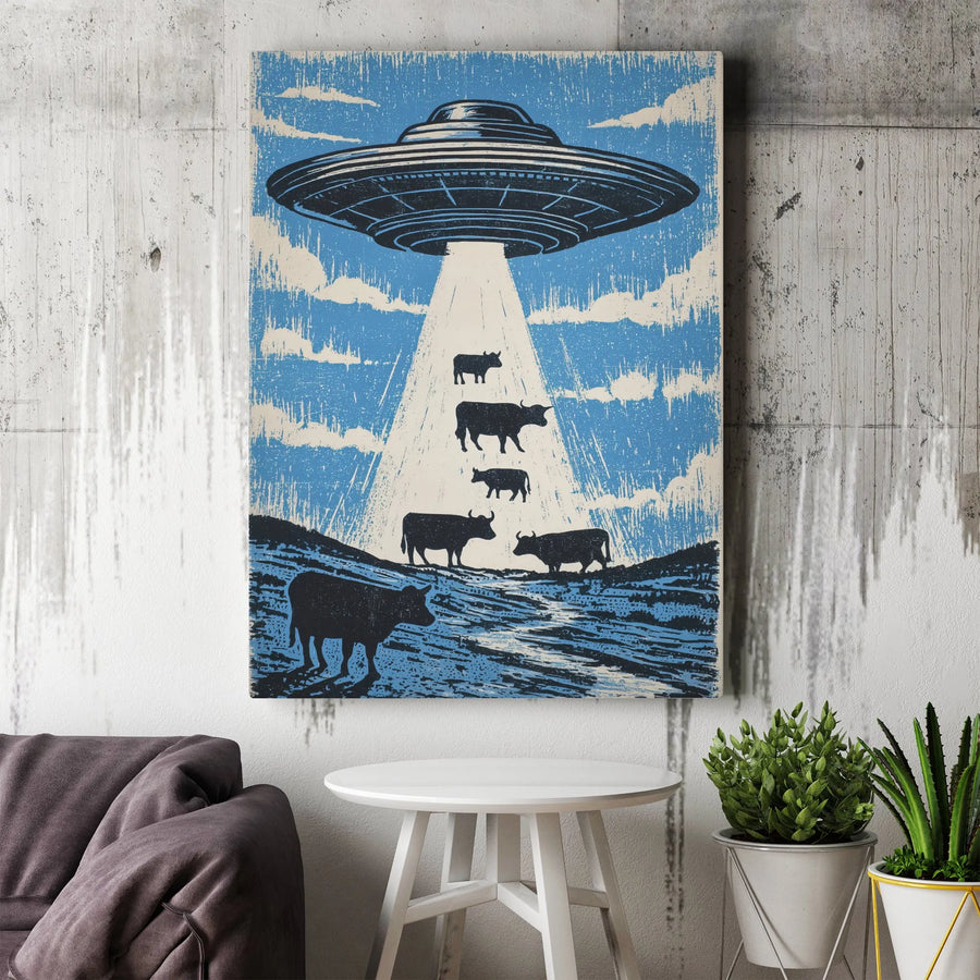 UFO Cow Abduction Canvas Wall Art | Distressed Retro Sci-Fi Print | Premium 1.25" Thick Gallery Wrap | Unique Collector's Gift for Alien Fans