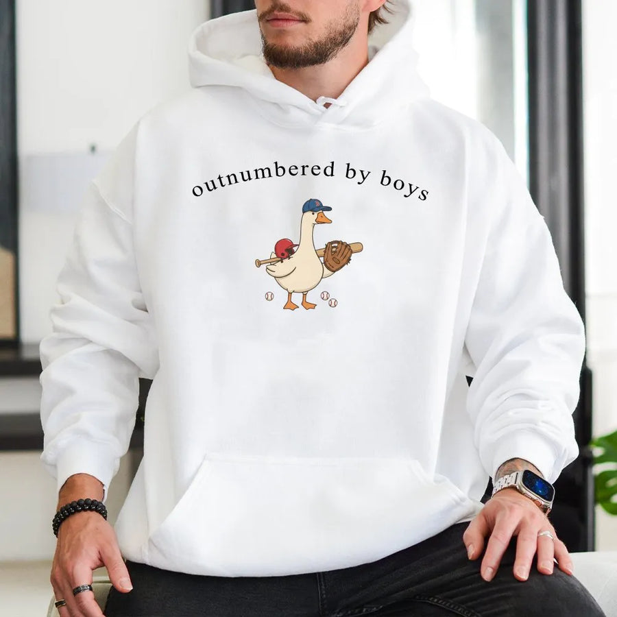 Outnumbered By Boys Hoodie | Funny Baseball Goose Graphic Sweatshirt | Soft Cotton Blend | Mother's Day Gift for Sports Mom