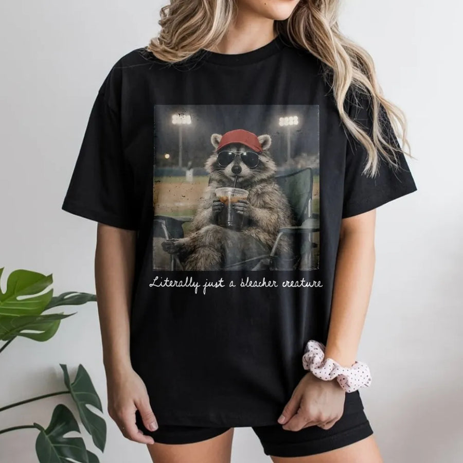 Bleacher Creature T-Shirt | Funny Raccoon Baseball Graphic | Cozy Unisex Crewneck | Gift for Baseball Mom, Softball Fan Gift
