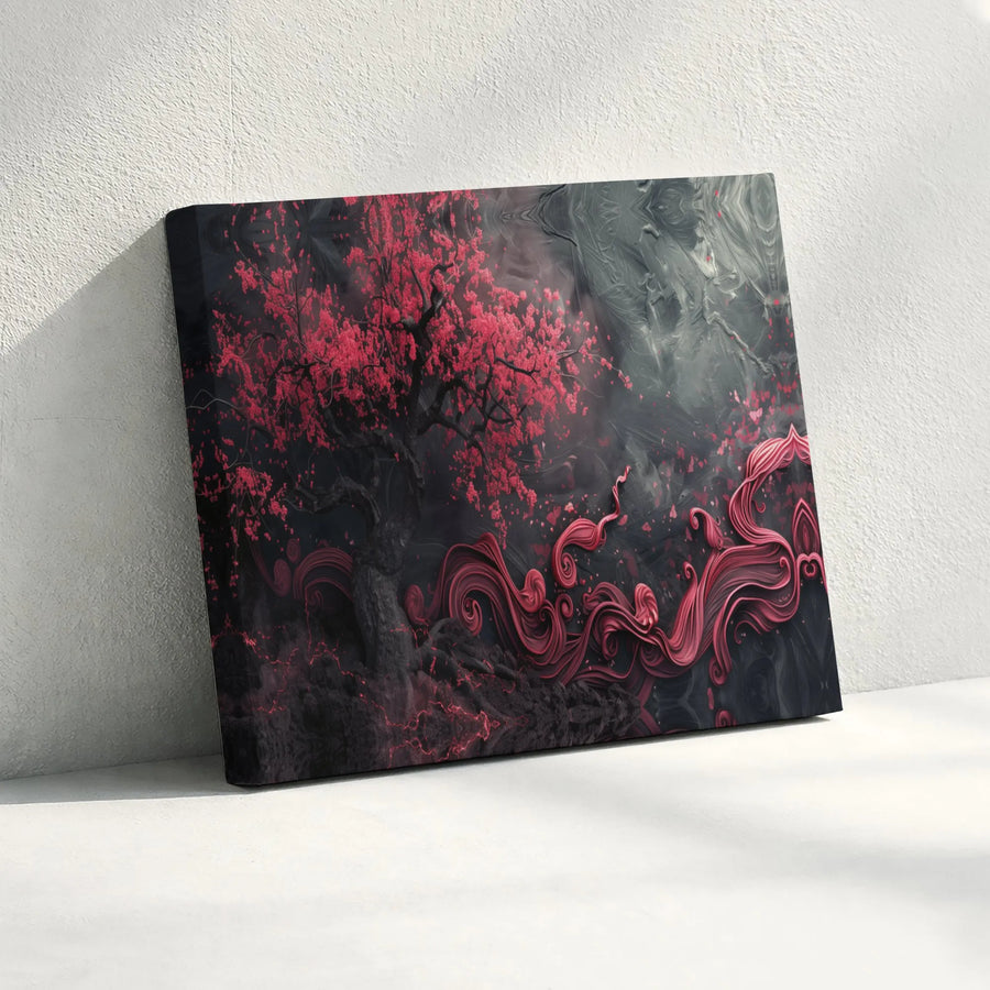 Dark Fantasy Cherry Blossom Canvas | Pink Sakura Tree With Surreal Swirls | Premium Gallery-Wrapped Art | Moody Bedroom Wall Decor