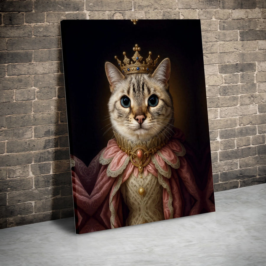 Royal Queen Tabby Cat Portrait Canvas | Regal Pet Wall Art in Pink Gown | Premium Gallery Wrapped Decor | Unique Gift for Cat Lovers