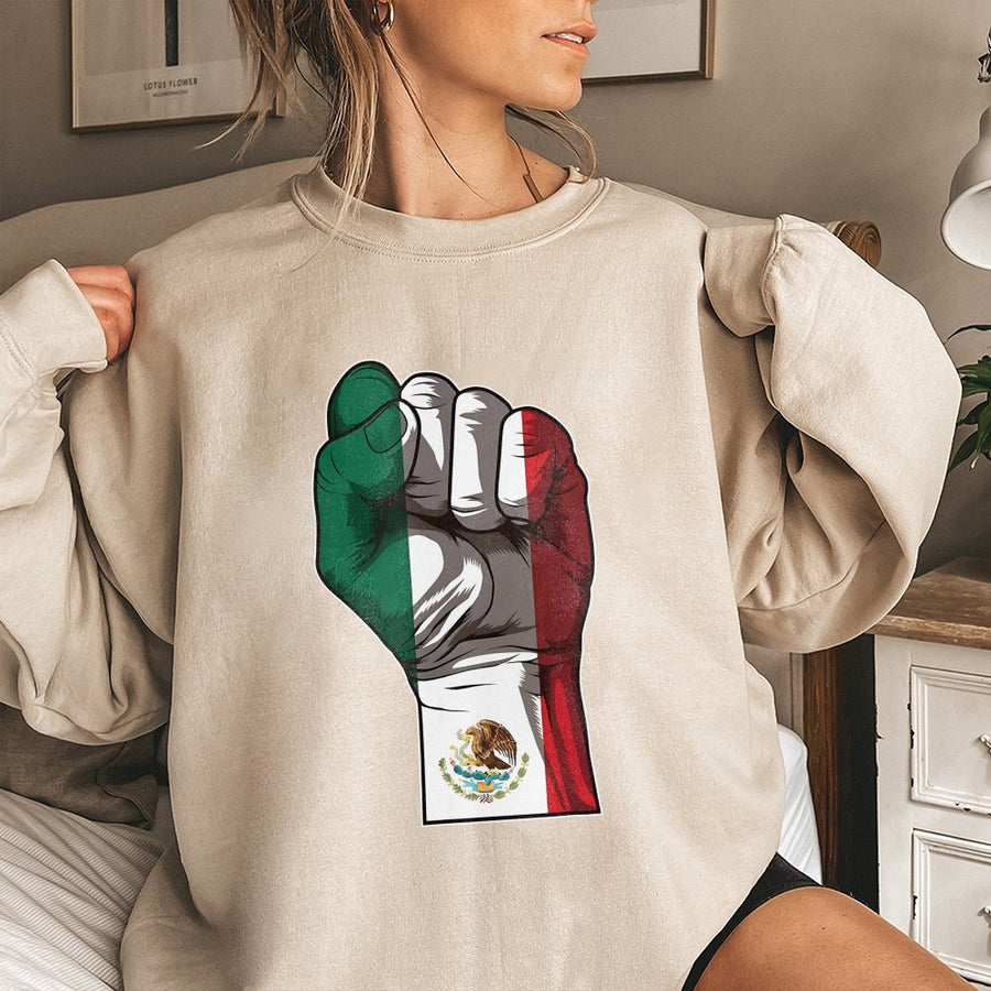 Mexico Flag Fist Sweatshirt | Mexican Pride Raised Fist Design | Cotton-Poly Blend Streetwear | Chicano Cultura Heritage Gift For Men And Women