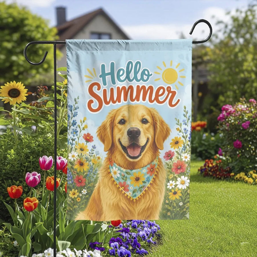 Golden Retriever Dog Garden Flag | Hello Summer Floral Outdoor Banner | Double-Sided Premium Weather-Resistant Polyester | Yard Decor Gift for Dog Lovers