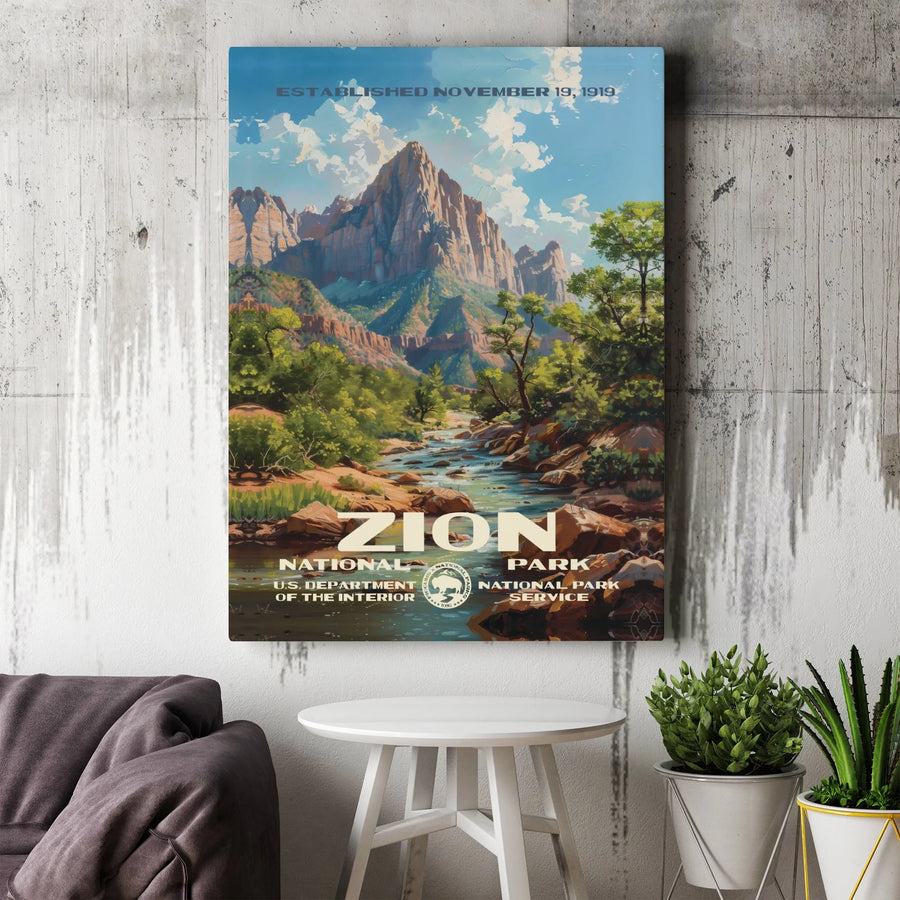 Zion National Park Poster | Vintage Travel Landscape Art | Premium 1.25-Inch Gallery Canvas | Nature Lover Wall Decor Gift