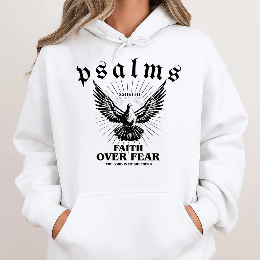 Faith Over Fear Hoodie | Psalm 23 Religious Dove Graphic | Premium Cotton Blend Unisex Sweatshirt | Inspirational Christian Gift for Men and Women