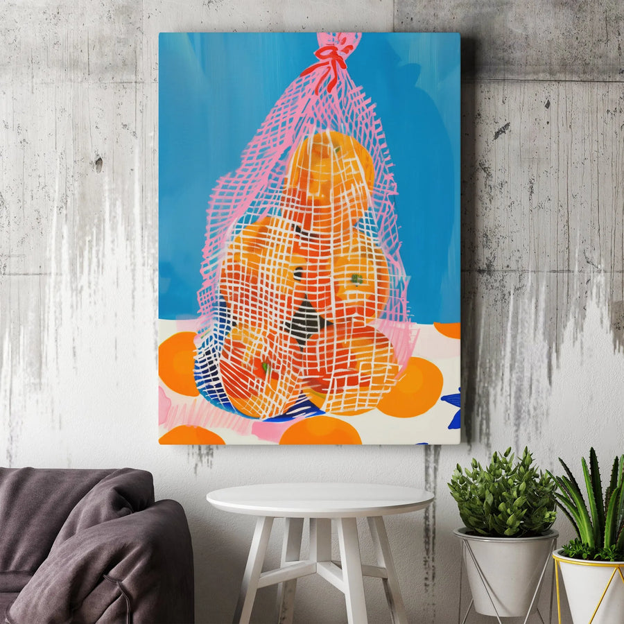 Modern Fruit Still Life Canvas Print | Colorful Pop Art Oranges in Mesh Bag | Premium Gallery Wrapped Wall Art | Kitchen & Dining Home Decor