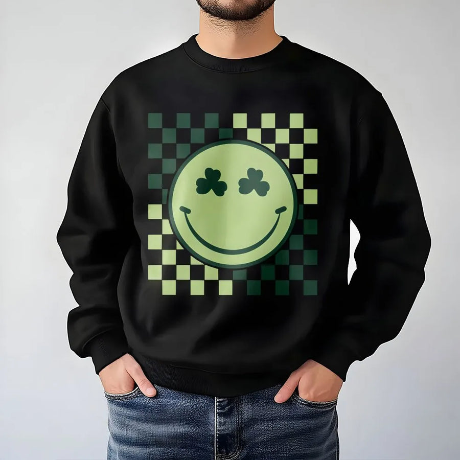 St. Patrick's Day Smiley Face Sweatshirt | Retro Checkered Clover Graphic | Premium Soft Cotton Blend | Cute Irish Holiday Gift for Women