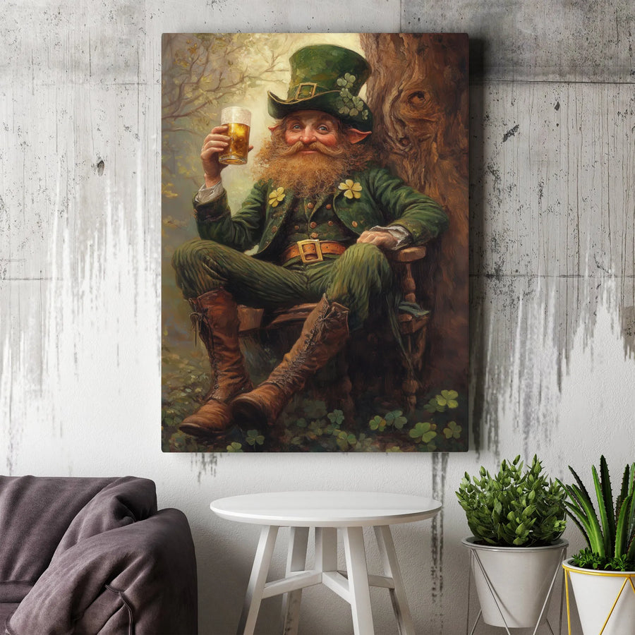 Leprechaun Wall Art | St Patrick's Day Beer Drinking Decor | Premium Gallery Wrap Canvas | Festive Irish Pub Home Decoration Gift