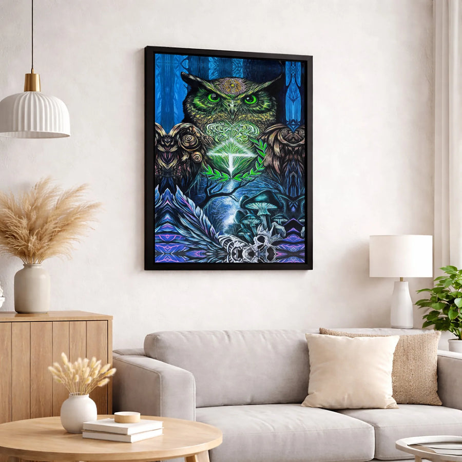 Mystical Owl Canvas Wall Art | Psychedelic Forest Green Eyes Pentagram Print | 1.25 Inch Gallery Wrap | Spiritual Gothic Home Decor Gift