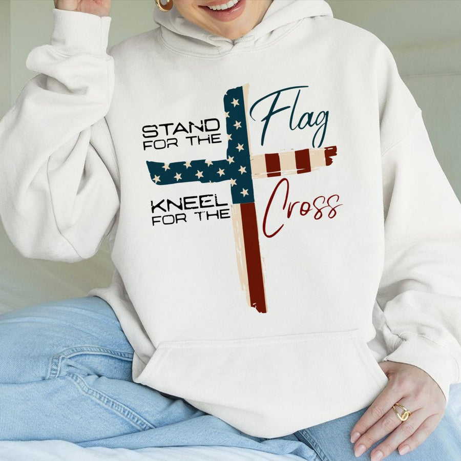 Stand For The Flag Kneel For The Cross Hoodie | Patriotic American Christian Graphic Sweatshirt | Premium Cotton-Blend | Gift For Believer