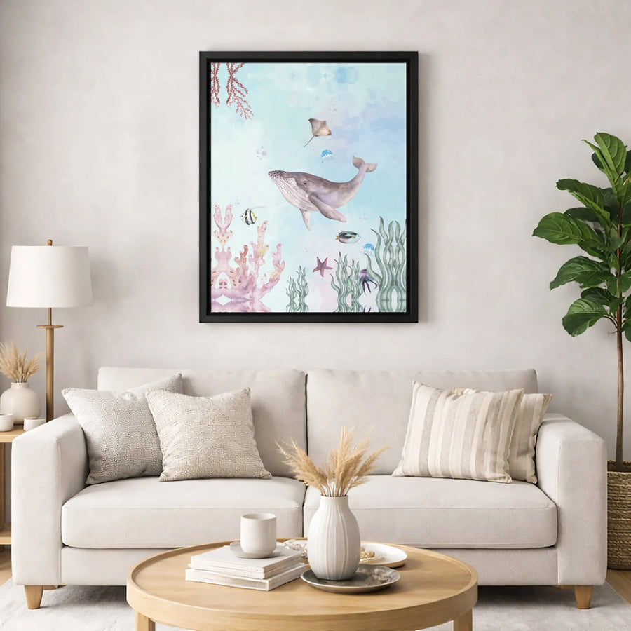 Watercolor Ocean Wall Art | Whale Stingray Coral Reef Canvas | Gallery-Wrapped Premium Decor | Nursery & Coastal Home Gift