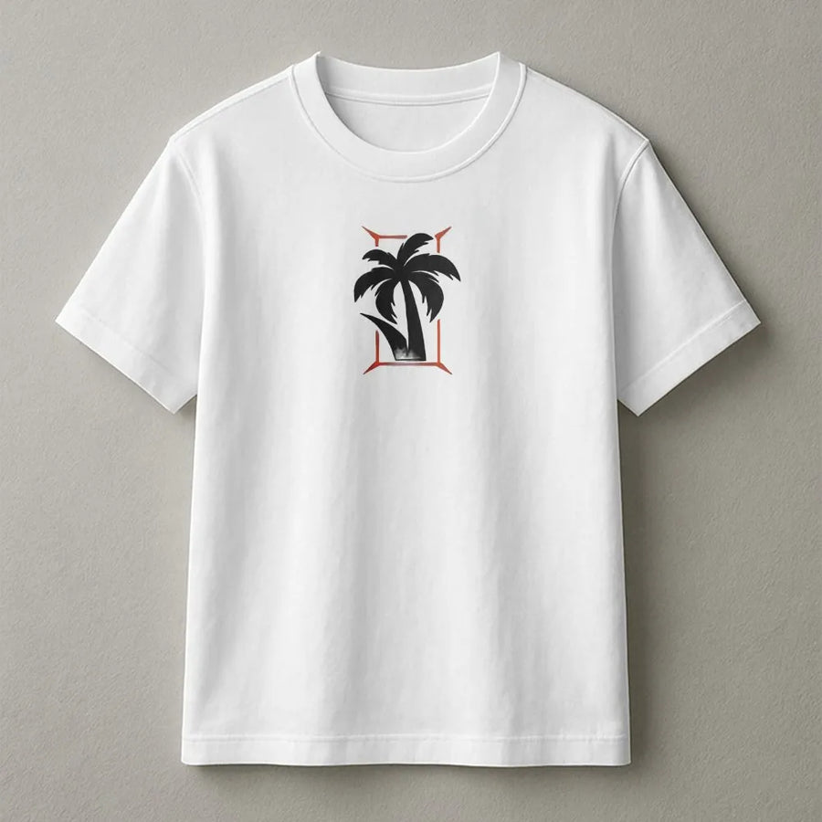 Palm Tree T-Shirt | Minimalist Tropical Graphic with Geometric Frame | Soft 100% Cotton | Unisex Summer Vacation Gift