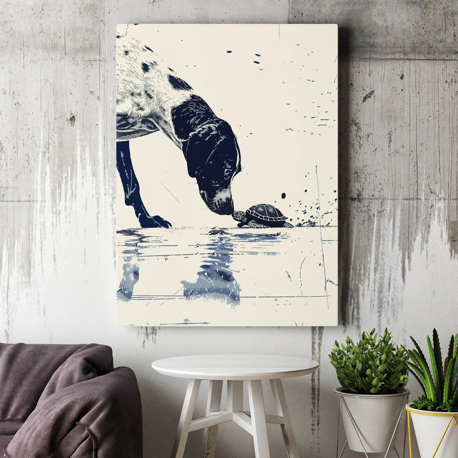 Pointer Dog and Turtle Canvas Print | Sketch Style Animal Wall Art | 1.25-Inch Premium Gallery Wrap | Unique Home Decor Gift