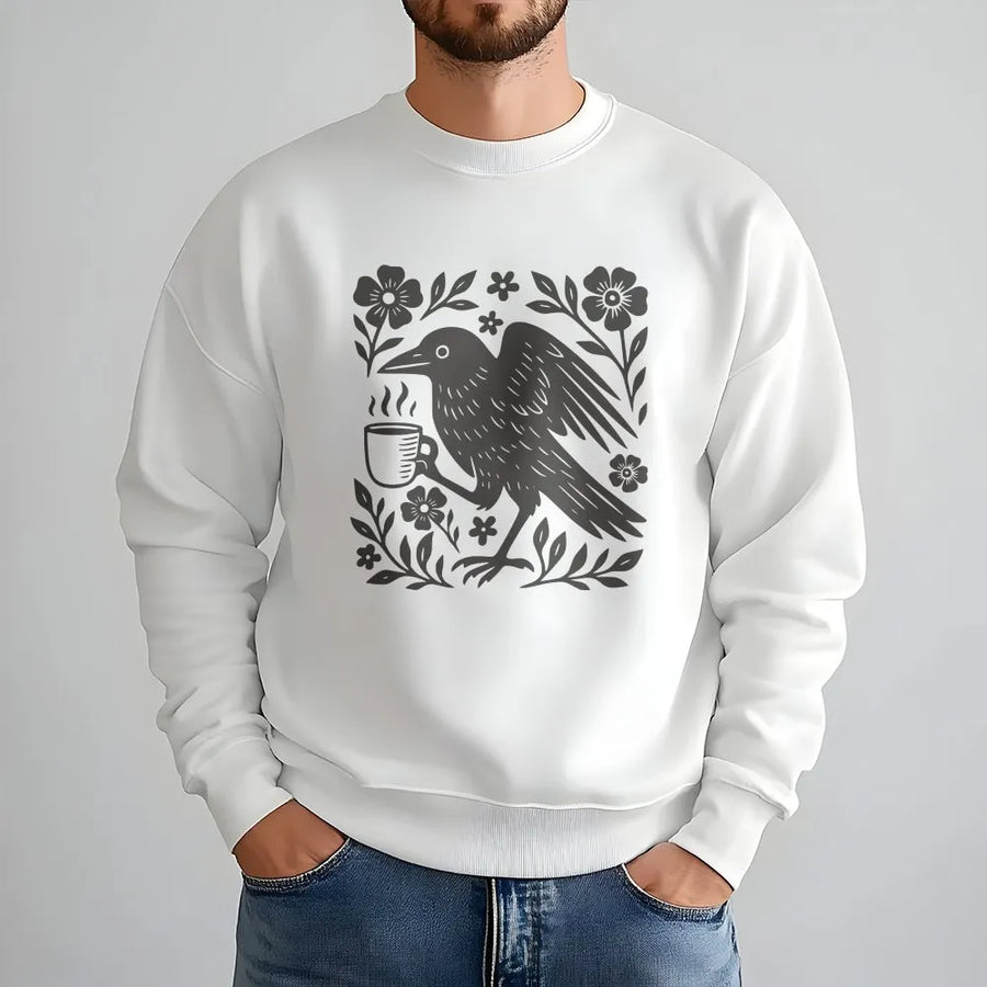 Sweat-shirt pour amateur de café avec corbeau gothique | Sweat-shirt vintage à motif floral et oiseau | Mélange de coton premium | Cadeau unisexe Dark Academia