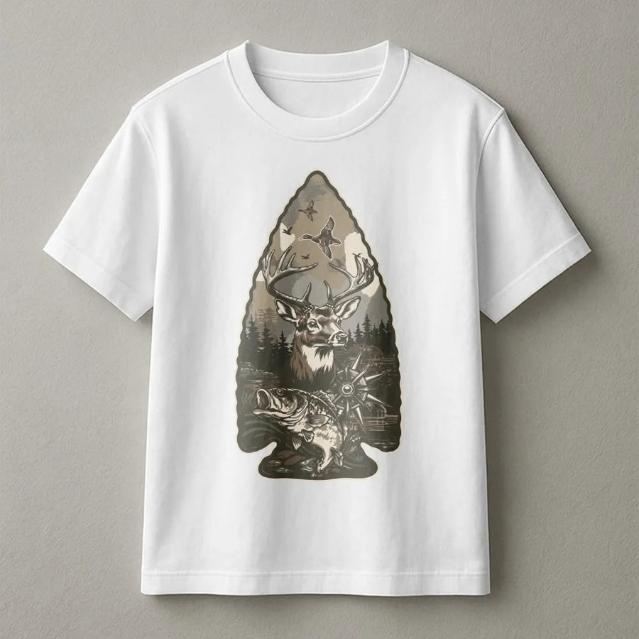 Hunting T-Shirt for Men | Arrowhead Wildlife Graphic with Deer, Duck & Fish | Soft Cotton Blend | Gift for Hunter and Outdoorsman