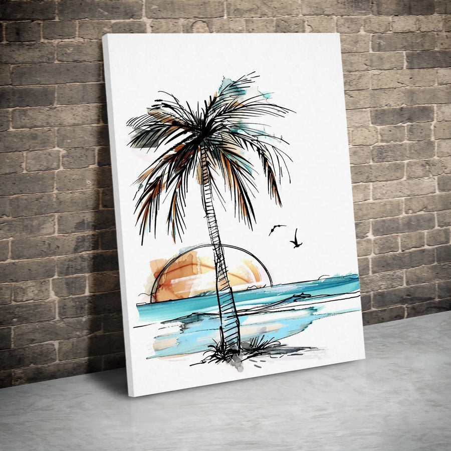 Palm Tree Beach Canvas Art | Watercolor Sunset Sketch Print | 1.25 Inch Premium Gallery Wrap | Modern Coastal Wall Decor For Living Room