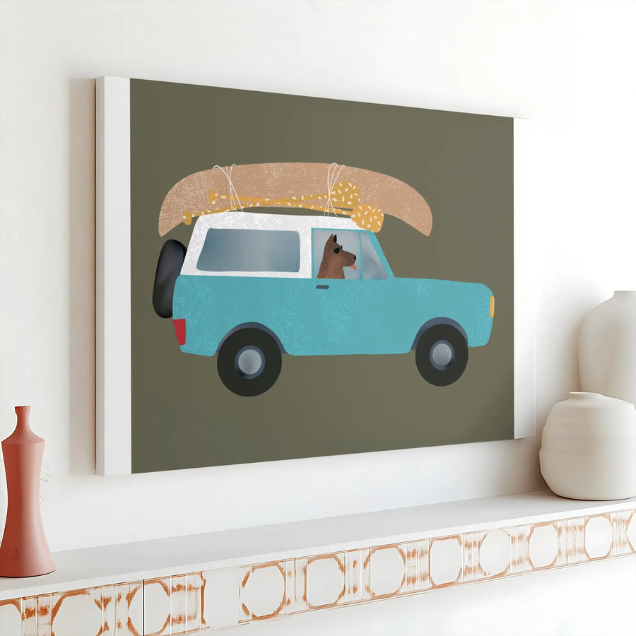 Road Trip Dog Canvas Art | Vintage Truck & Canoe Illustration | Premium Gallery Wrapped Canvas | Kids Room & Nursery Decor Gift