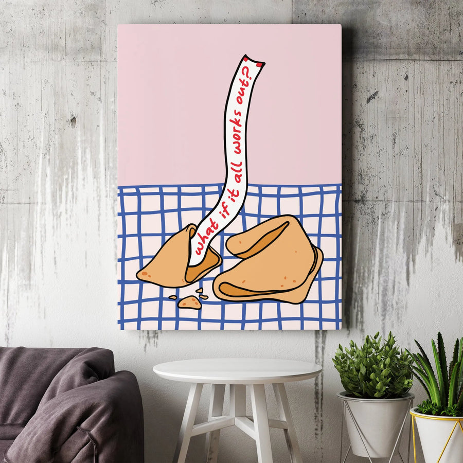 'What If It All Works Out' Canvas Print | Positive Fortune Cookie Art | Premium Gallery Wrapped Canvas | Inspirational Gift for Her Dorm & Office Decor