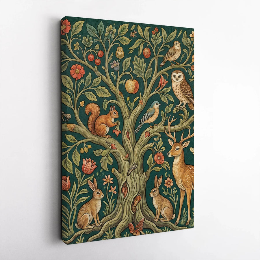 Tree Of Life Wall Art | Woodland Animal Deer Rabbit Owl Folk Art | Premium Gallery Canvas | Nature Lover Home Decor Gift